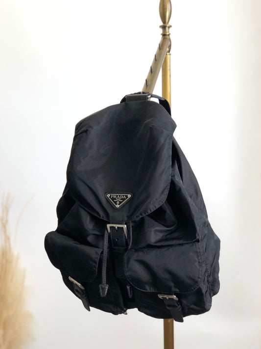 PRADA Triangle Logo Double Pocket Backpack Black Vintage k6vxbj