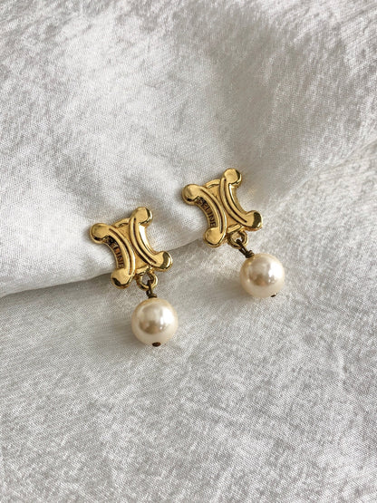 CELINE Triomphe Earrings Gold Vintage 6wehsi