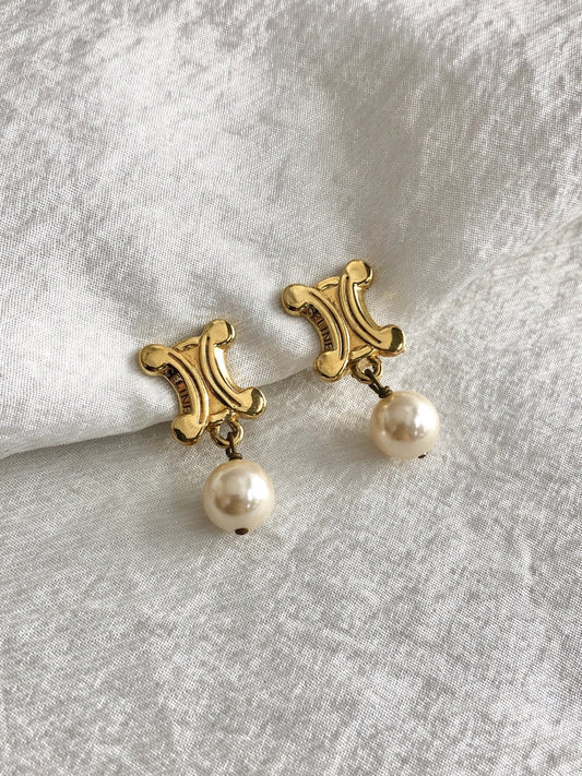 CELINE Triomphe Earrings Gold Vintage 6wehsi