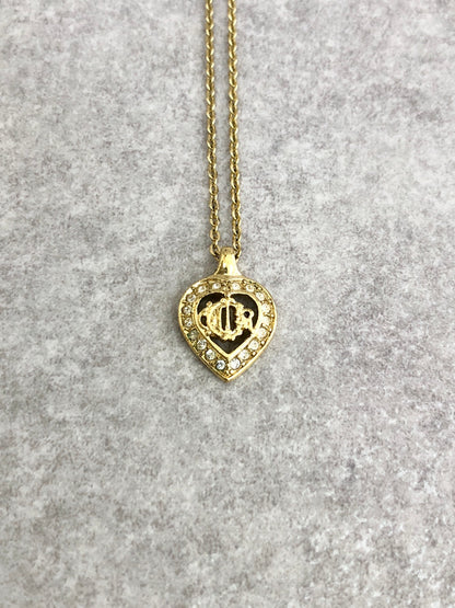 Christian Dior Logo Heart Motif Rhinestone Necklace Gold Vintage hm6ntz