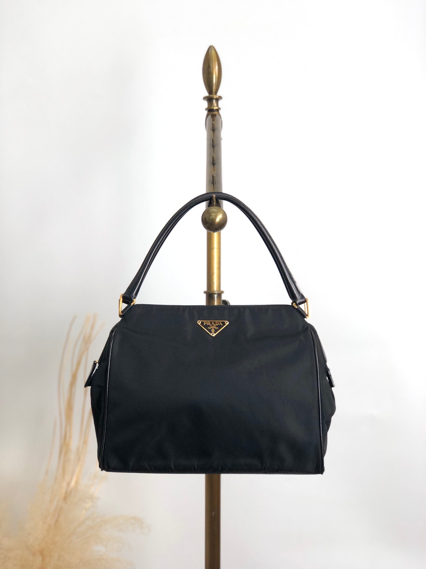 PRADA Tessuto Triangle Logo Handbag Black Vintage ahnen6