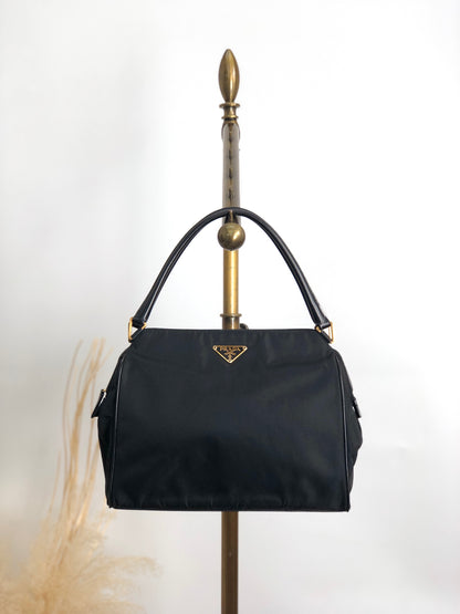 PRADA Tessuto Triangle Logo Handbag Black Vintage ahnen6