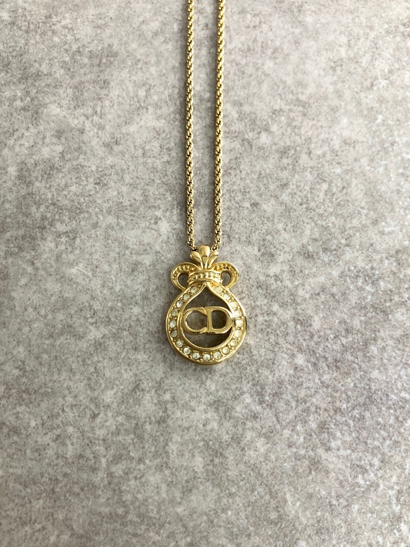 Christian Dior CD Logo Rhinestone Necklace Gold Vintage gfuupy