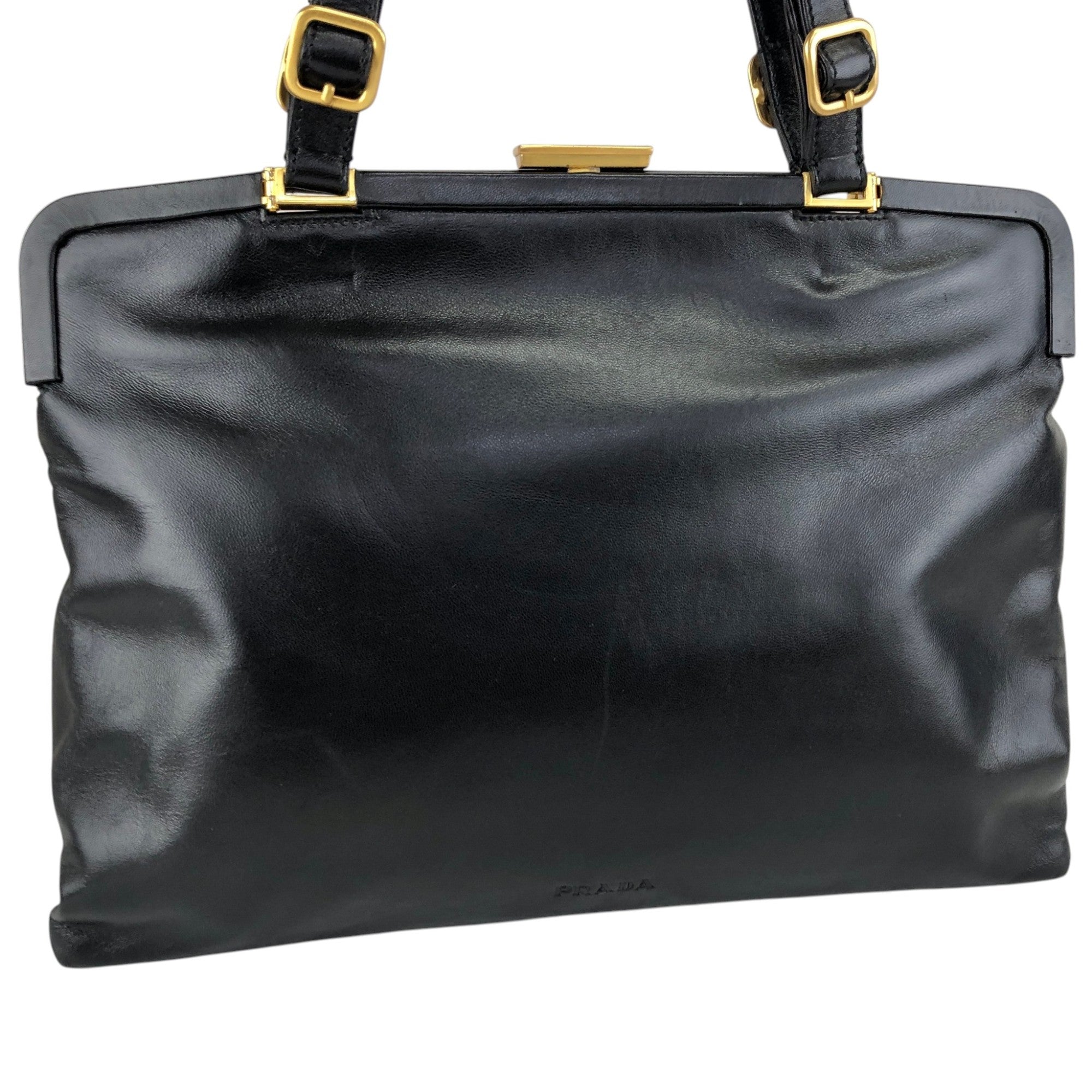 PRADA Logo Embossed Metal Clasp Handbag Black Vintage x7p3fx