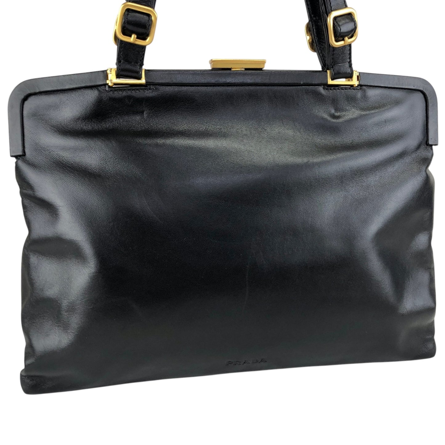 PRADA Logo Embossed Metal Clasp Handbag Black Vintage x7p3fx