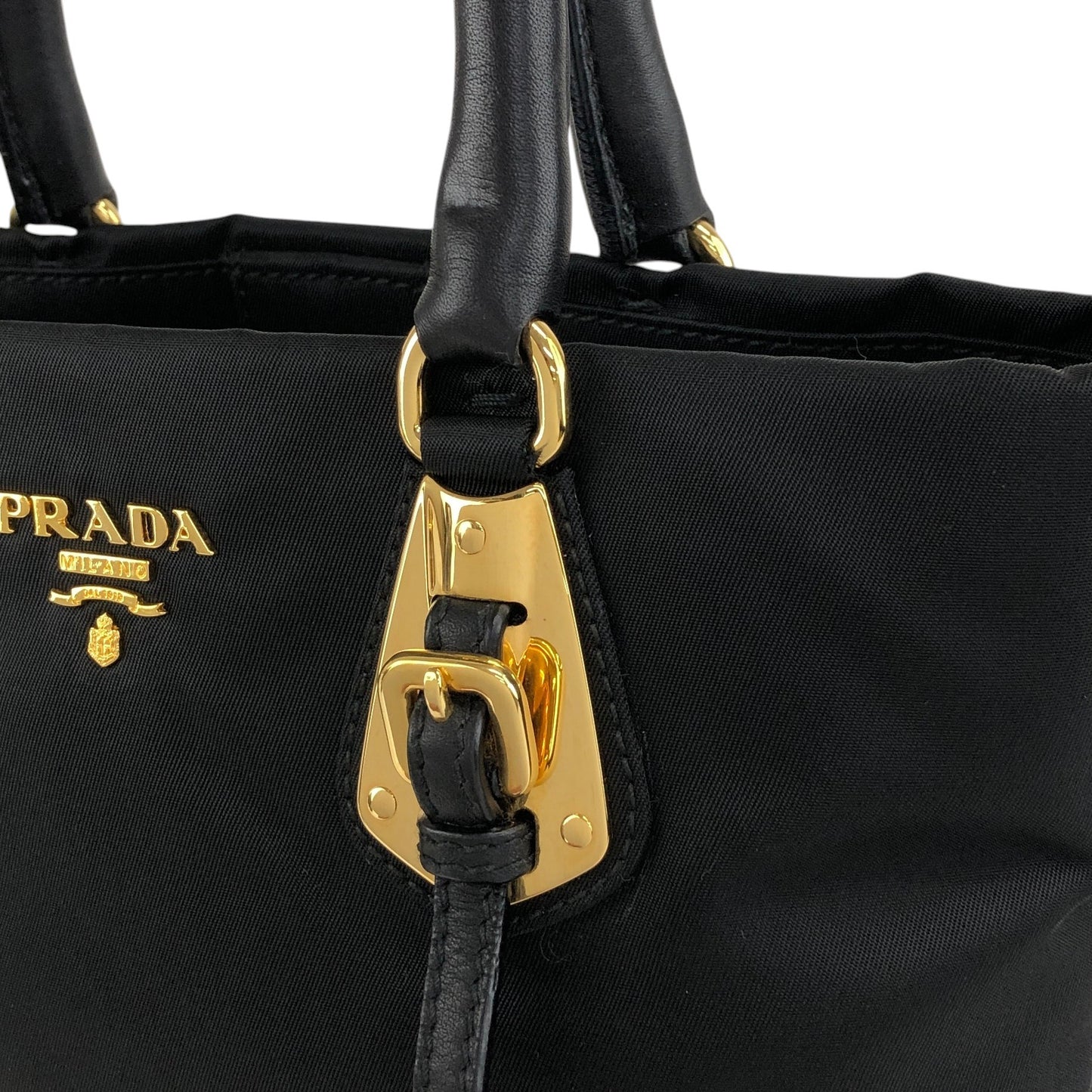 PRADA Logo Front Buckle Handbag Black Vintage rm4ygr