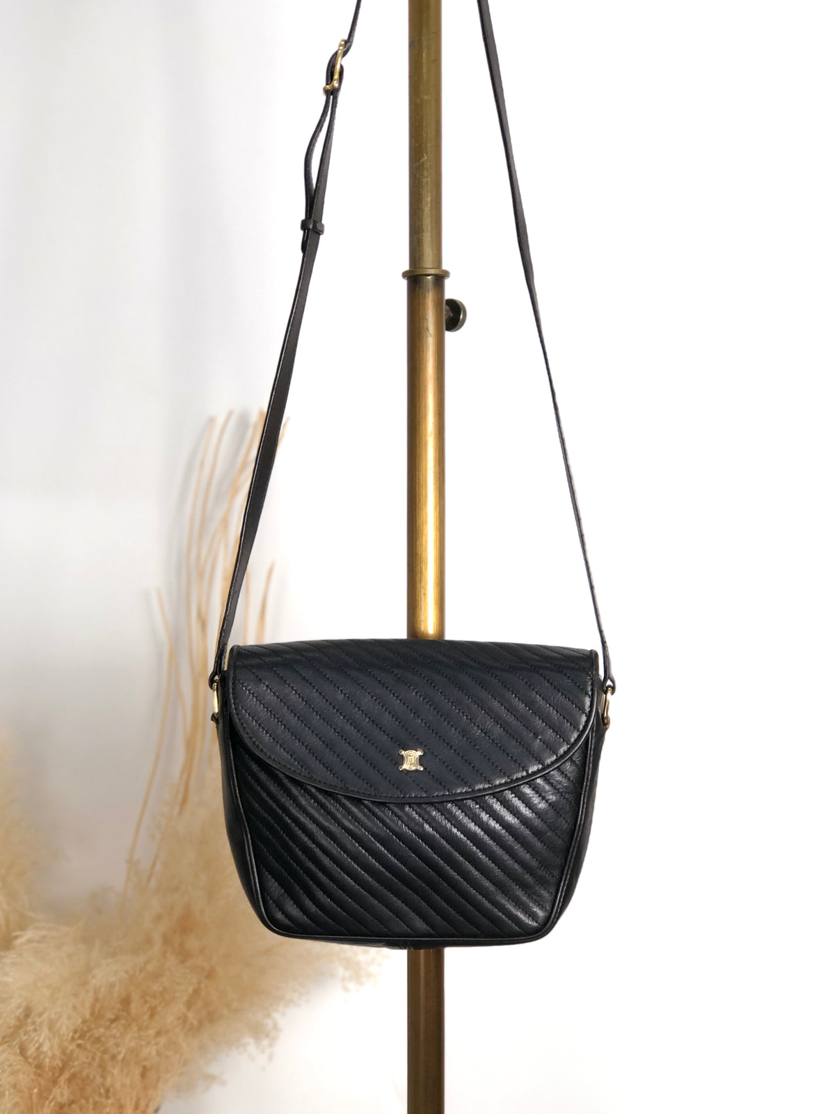 CELINE Blason Bias Stitch Shoulder bag Black Vintage hbufuu