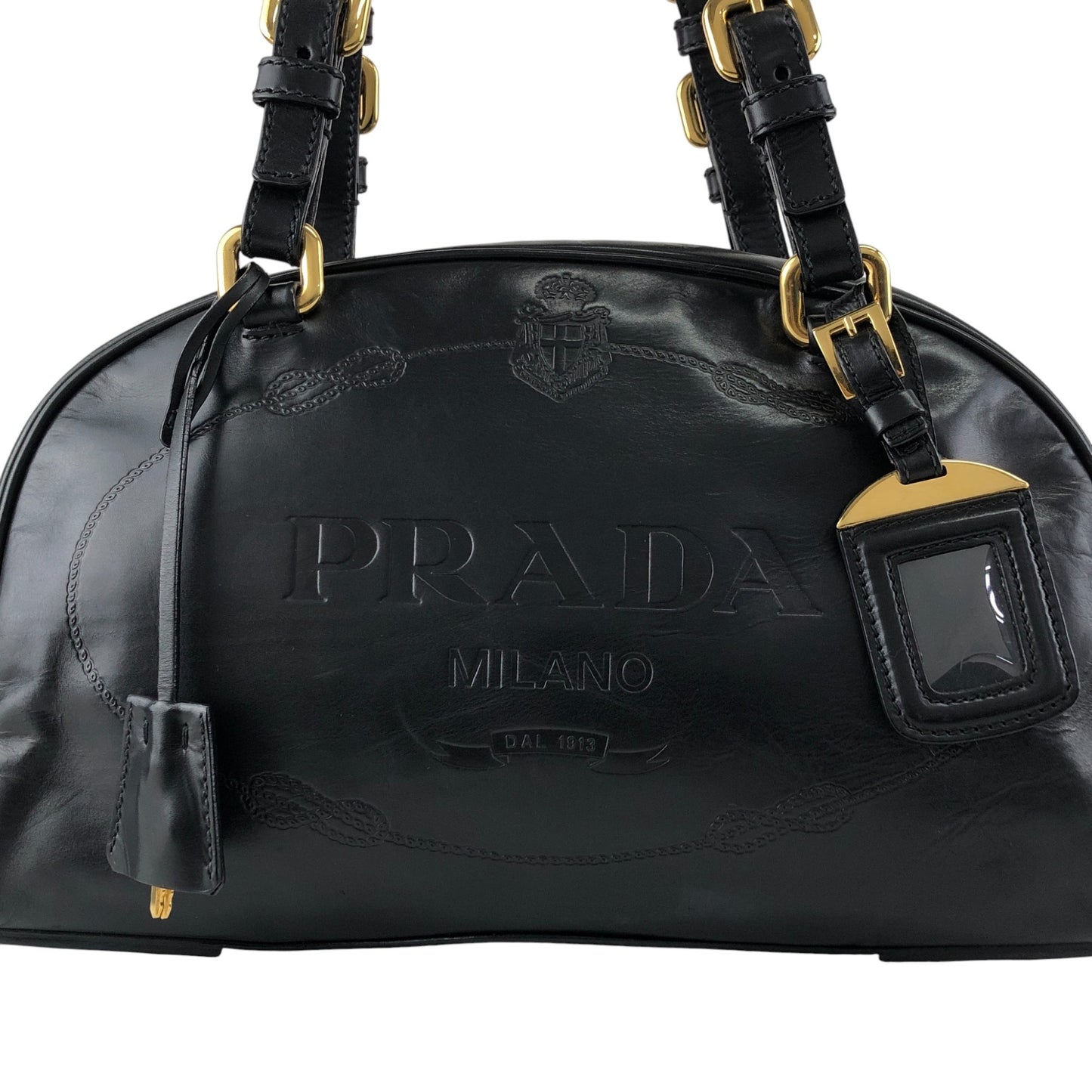 PRADA Logo Embossed Handbag Boston bag Black Vintage nvtnhw