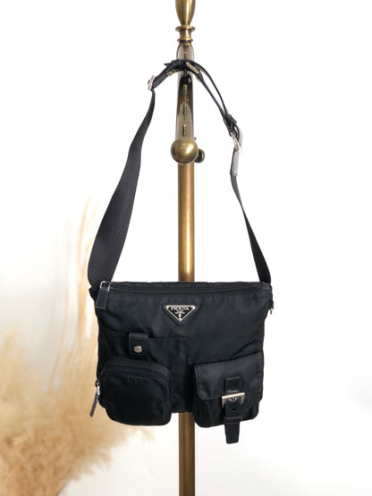 PRADA Tessuto Triangle Logo Front Buckle Front Pocket  Shoulder bag Black Vintage ikphwn