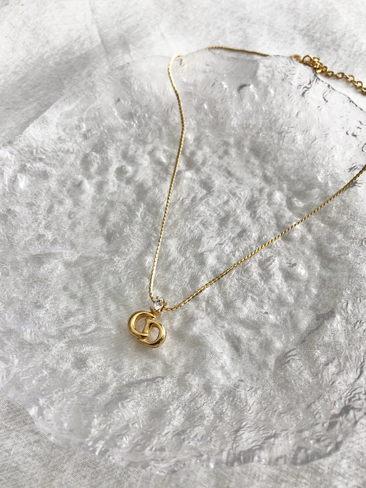 Christian Dior CD Logo Rhinestone Necklace Gold Vintage jv2dxz