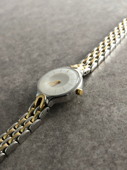 Yves Saint Laurent YSL Logo Quartz Watch Gold×Silver 5421-H08070 Vintage nmsz84