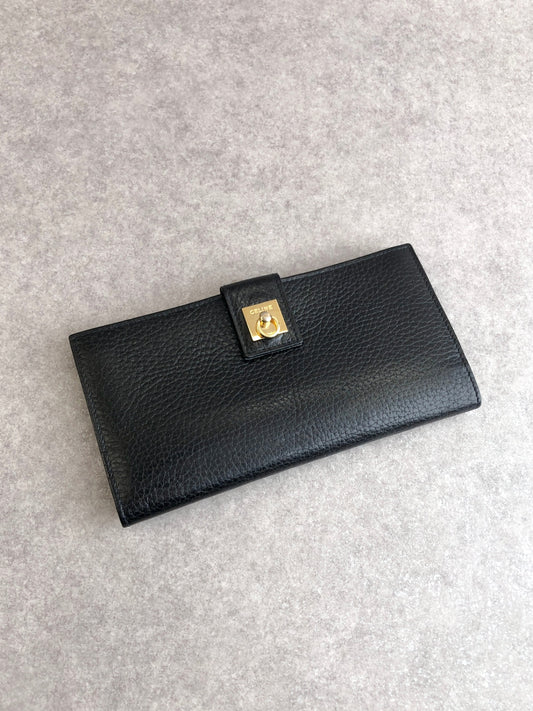 CELINE Gancini Metal Clasp Long Wallet Black Vintage mv6fp5