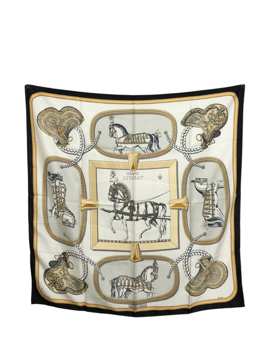 HERMES Silk100％ Scarf Beige×White GRAND APPARAT Vintage 2r43bd