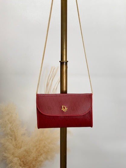 Christian Dior Honeycomb Pattern Logo Chain Shoulder bag Red Vintage u8temv