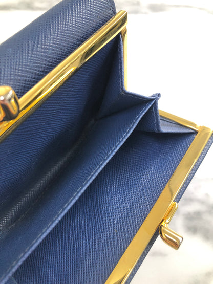 PRADA Triangle Logo Metal Clasp Leather Trifold Wallet Blue Vintage hdcmeb