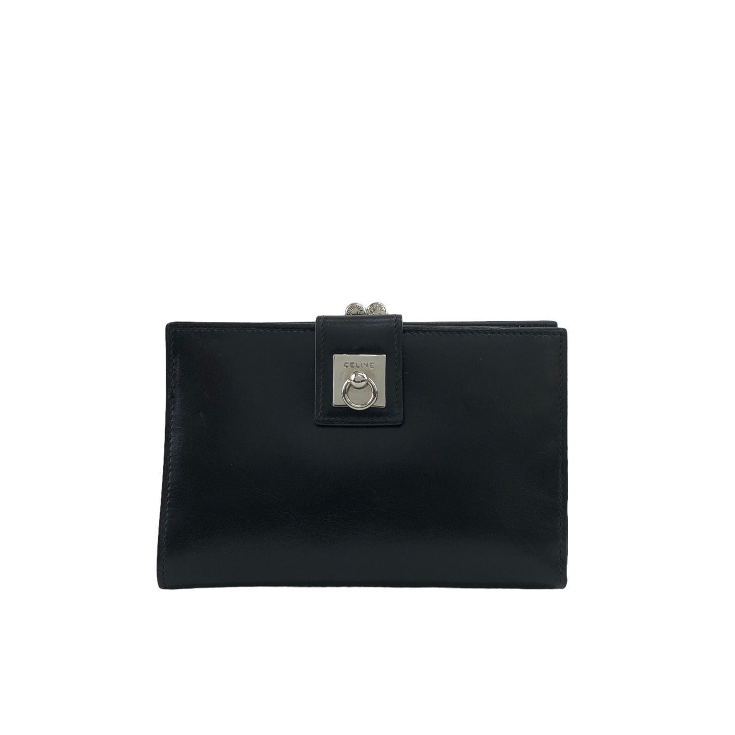 CELINE Gancini  Leather Metal Clasp Folded Wallet Black Vintage pk72c5