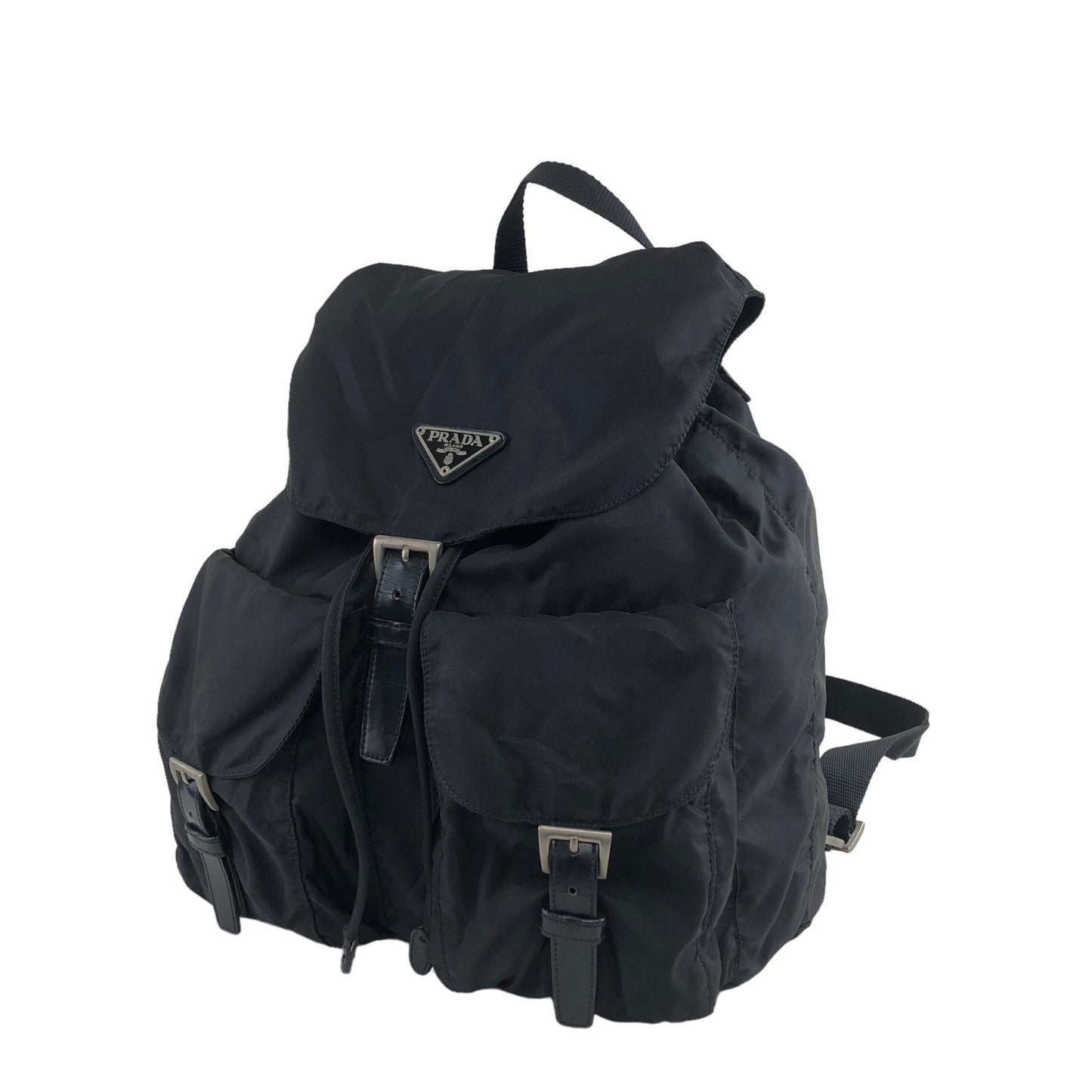 PRADA Triangle Logo Double Pocket Nylon Backpack Black Vintage mwb7bb