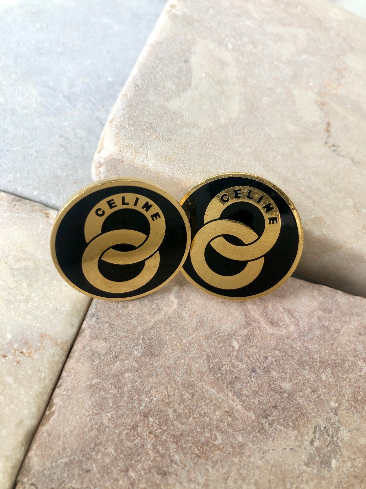 CELINE Circle Logo Earrings Gold×Black Vintage cezhd3