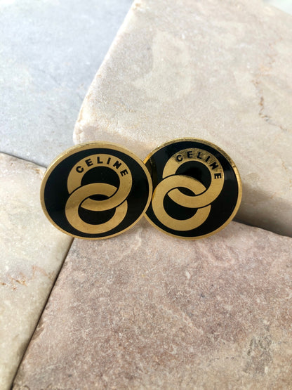 CELINE Circle Logo Earrings Gold×Black Vintage cezhd3