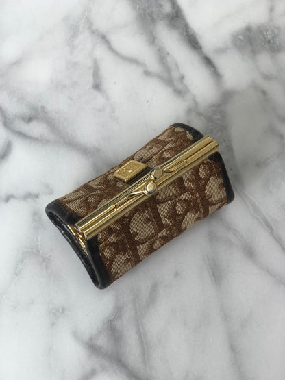 Christian Dior Trotter Jacquard Leather Metal Clasp Coin Purse Brown Vintage mcrrev
