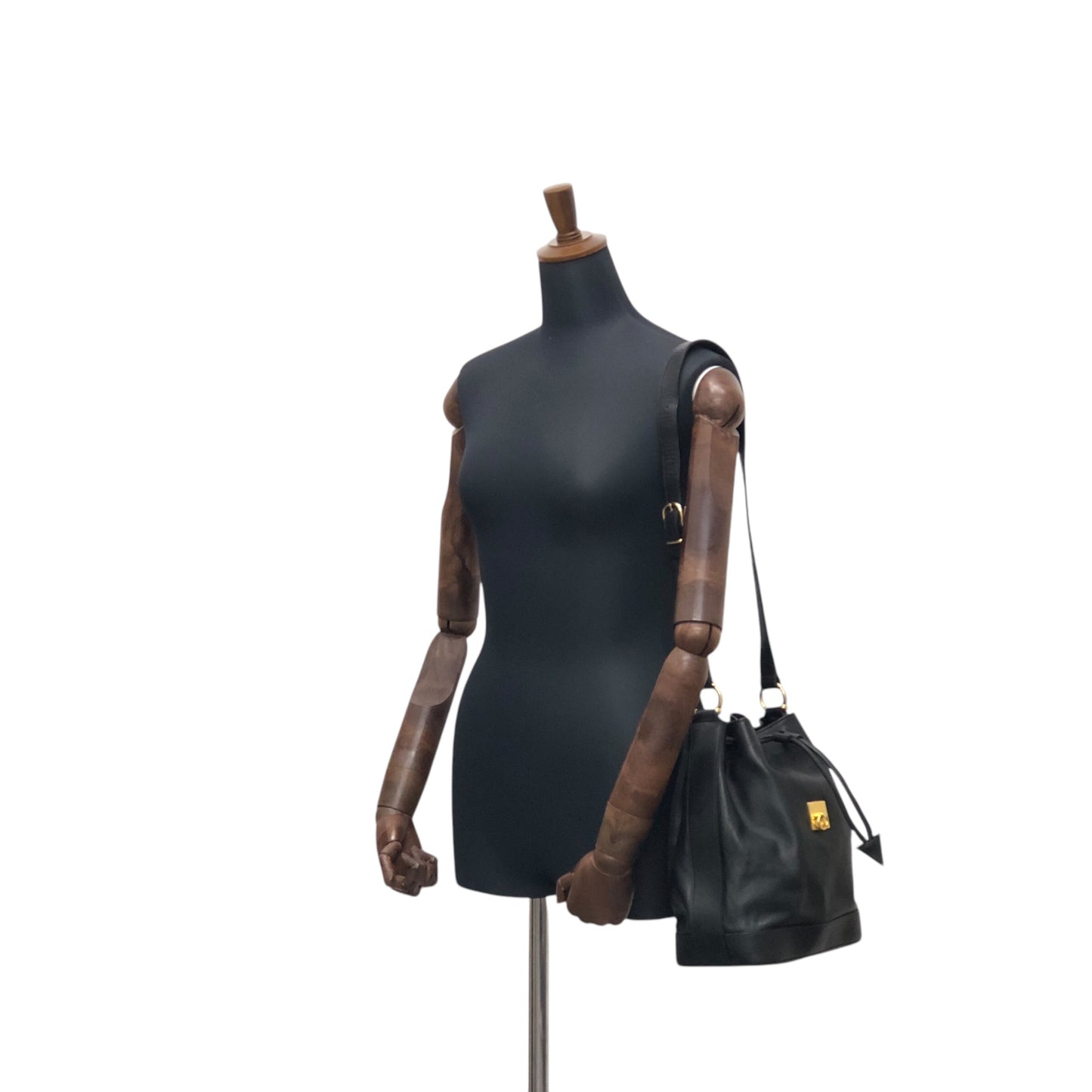CELINE Gancini Drawstring Shoulder bag Black Vintage 4852gj