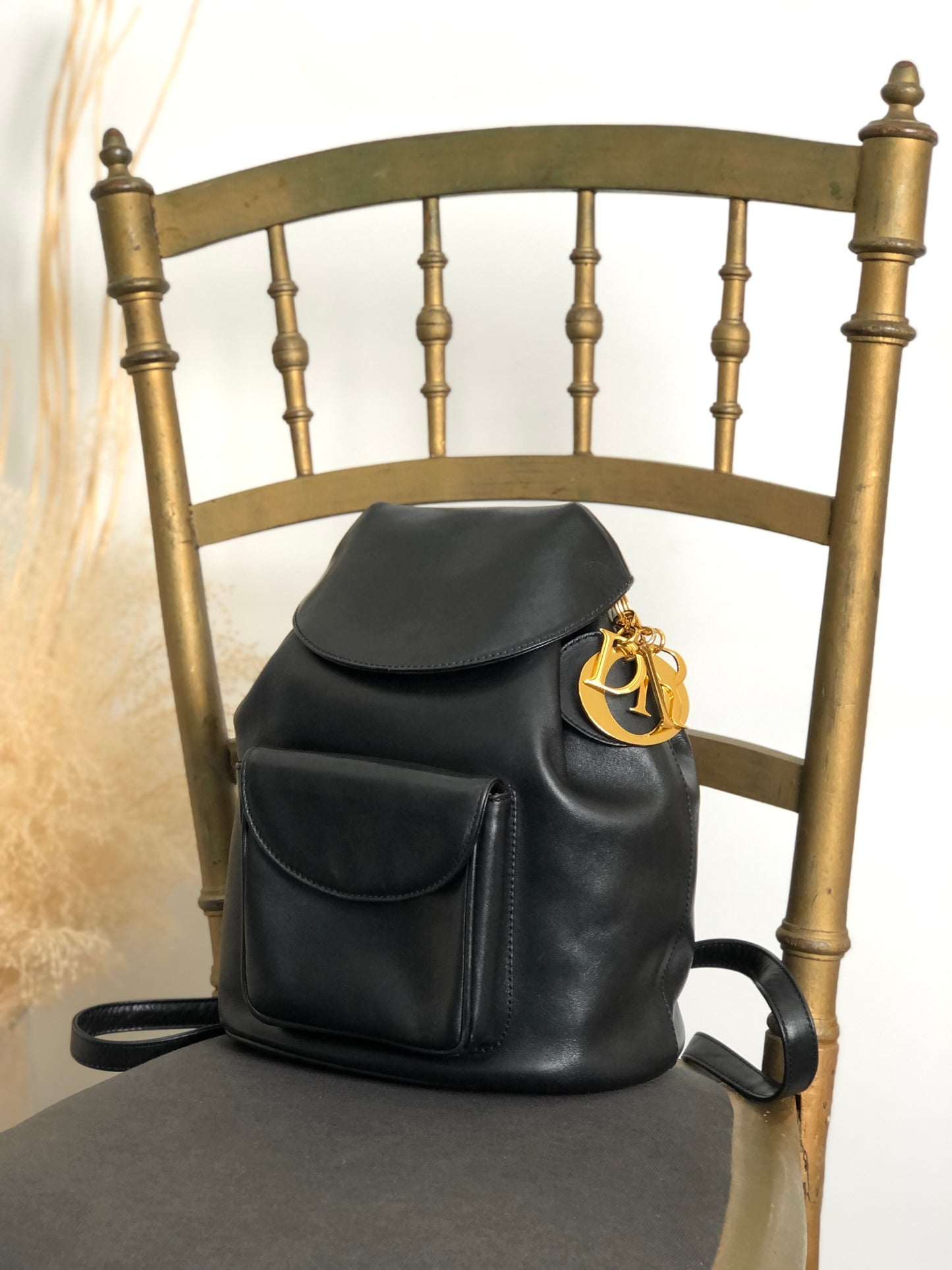 Christian Dior Logo Charm Backpack Black Vintage i8y5w2