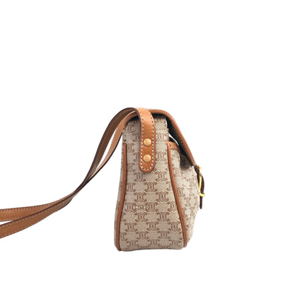 CELINE Macadam Front Buckle Flap Small Shoulder bag Crossbody Beige Vintage wbbars