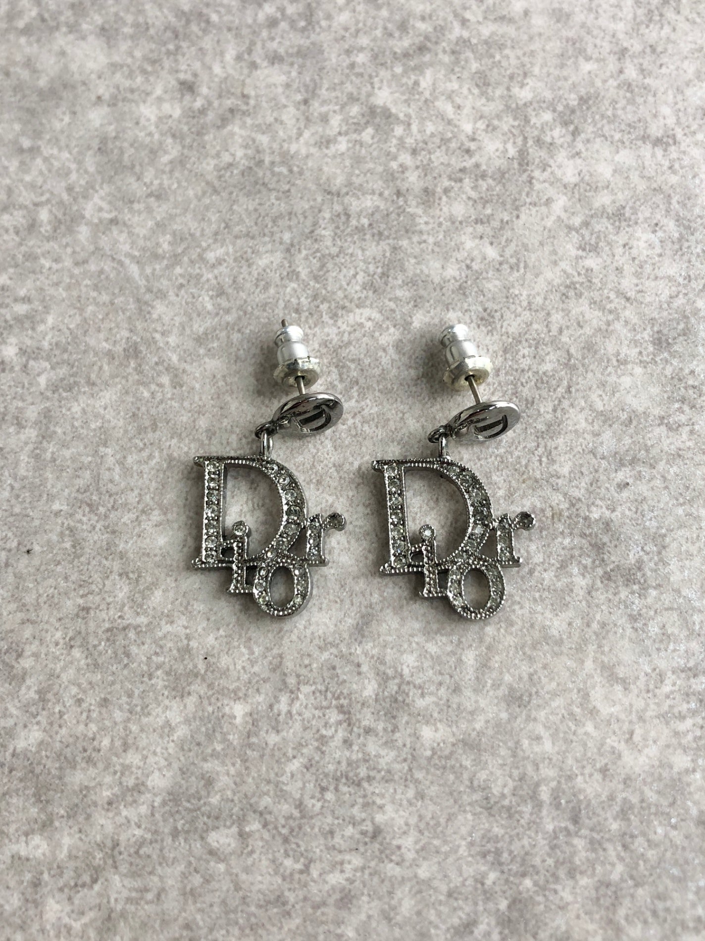 Christian Dior Logo Motif Rhinestone Pierced Silver Vintage 5rebys