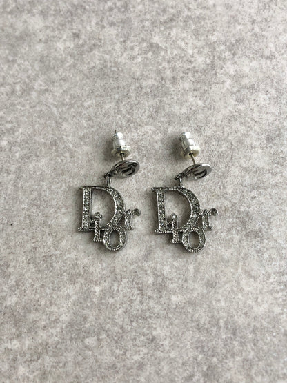Christian Dior Logo Motif Rhinestone Pierced Silver Vintage 5rebys