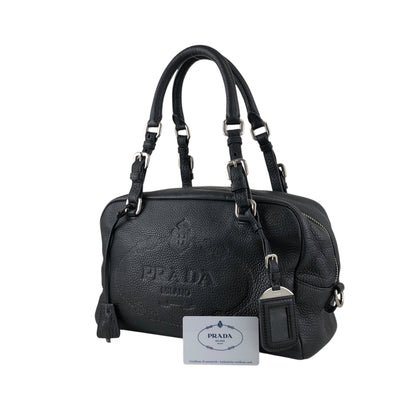 PRADA Logo Embossed Small Boston bag Handbag Black Vintage maefbu