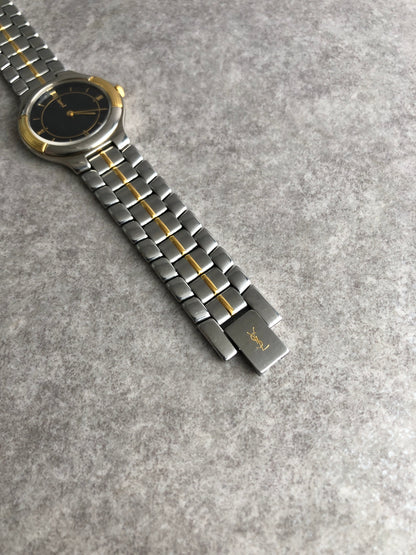 Yves Saint Laurent YSL Logo Quartz Watch Silver×Gold Vintage ymydvs