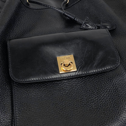 CELINE Gancini Front Pocket Drawstring Shoulder bag Black Vintage 3gt2jh
