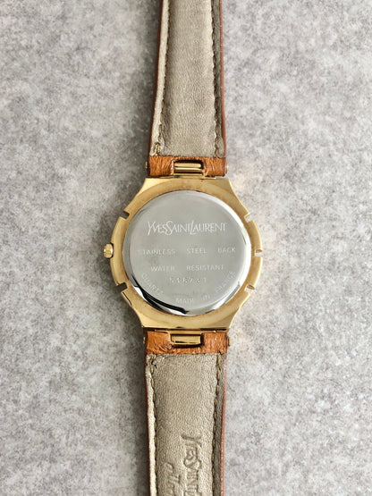 Yves Saint Laurent YSL Logo Quartz Watch Gold×Brown 518731 Vintage mmjgay
