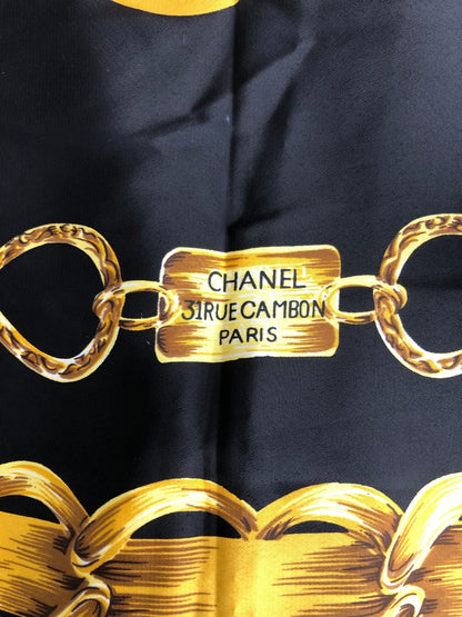 CHANEL Coco Mark SILK Scarf Black×Yellow Vintage gi546h
