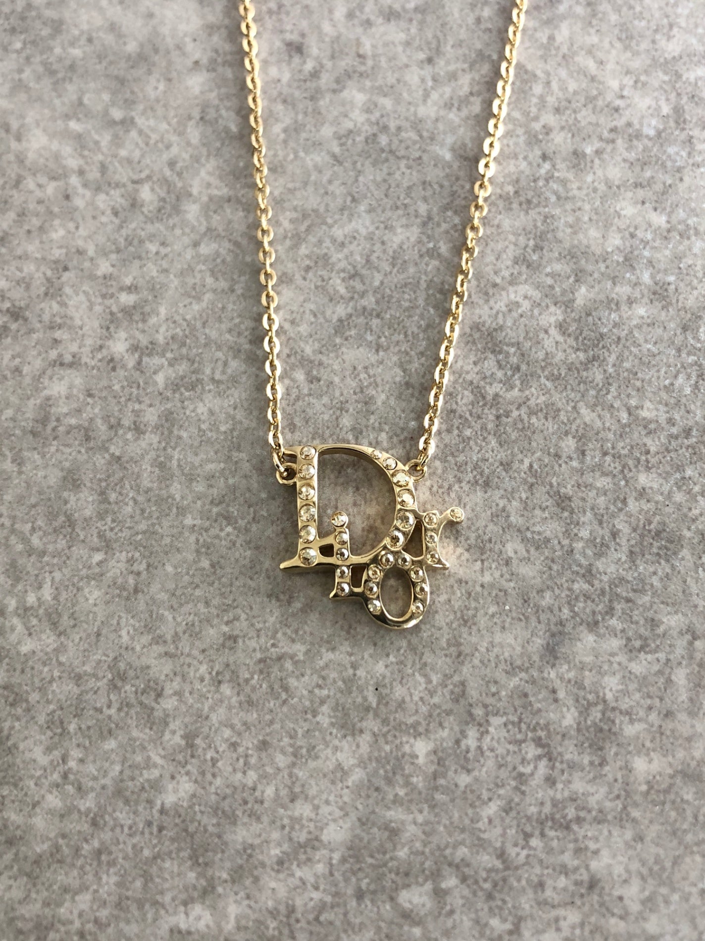 Christian Dior Logo Motif Rhinestone Necklace Gold Vintage mvi6sp