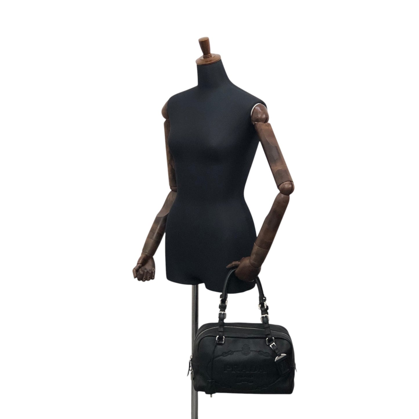 PRADA Logo Embossed Small Boston bag Handbag Black Vintage 6kdc52