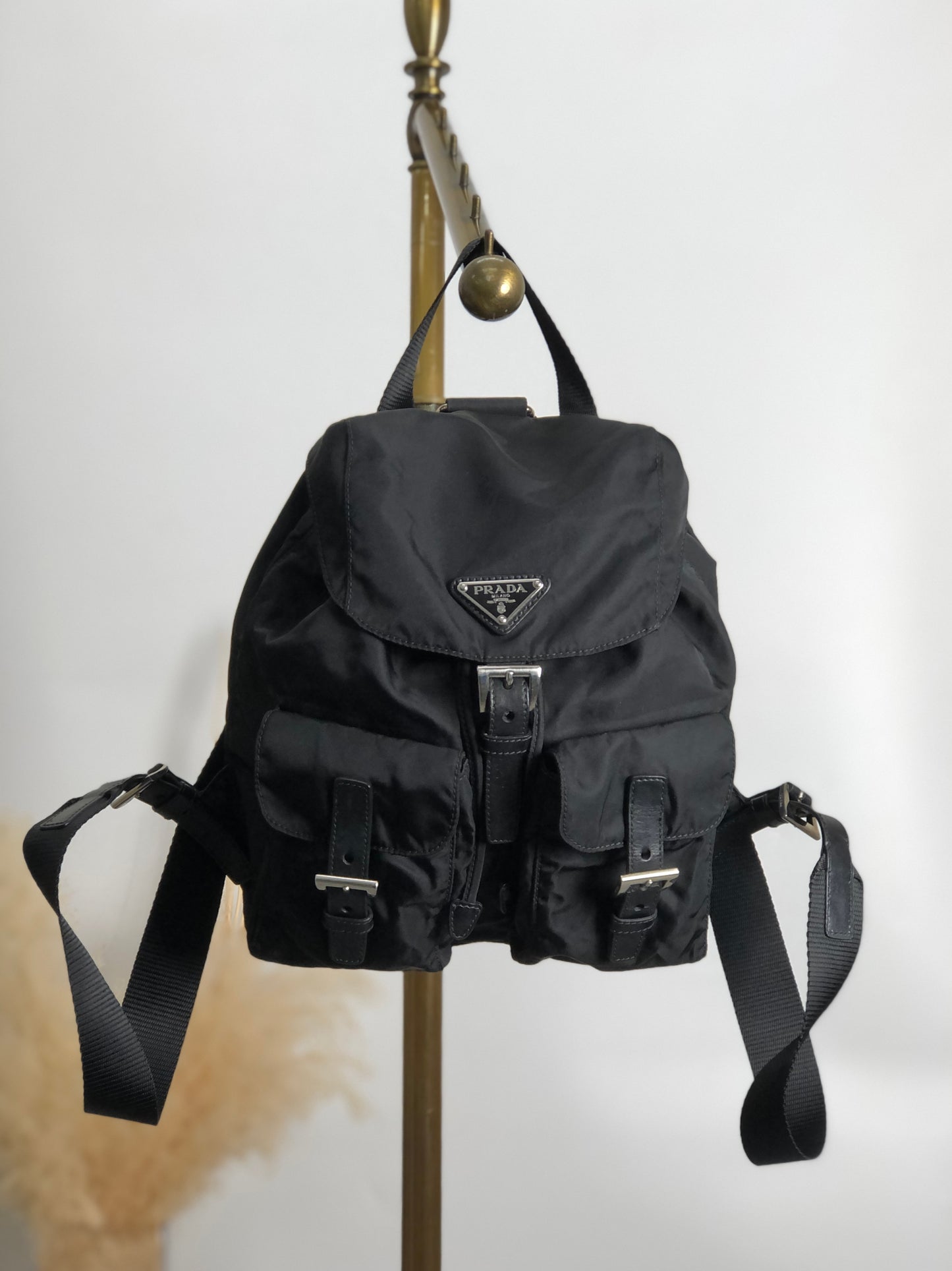 PRADA Triangle Logo Double Pocket Backpack Black Vintage ipfw4s
