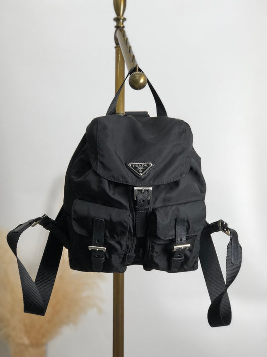 PRADA Triangle Logo Double Pocket Backpack Black Vintage ipfw4s