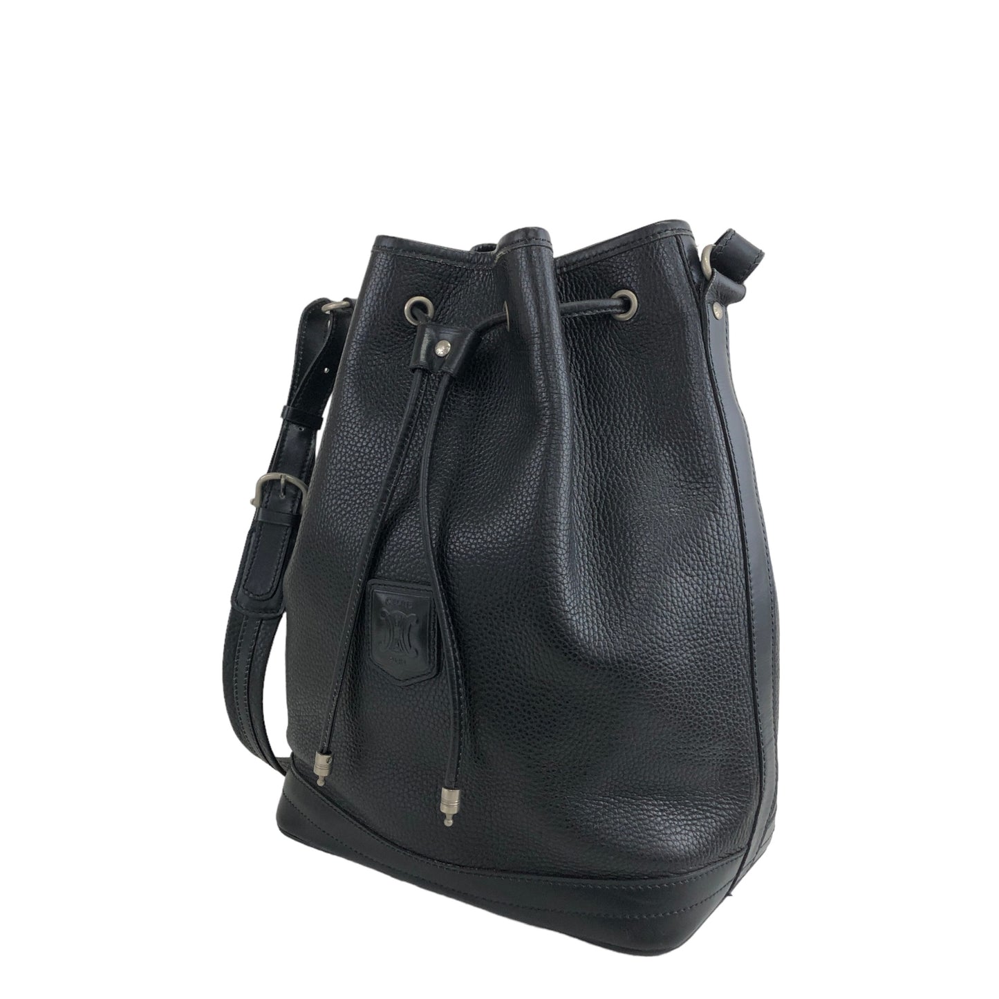 CELINE Blason Leather Drawstring Shoulder bag Black Vintage c4br2y