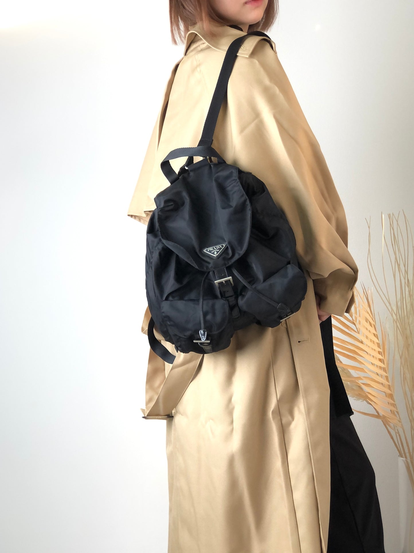 PRADA Triangle Logo Double Pocket Nylon Backpack Black Vintage irmwsy