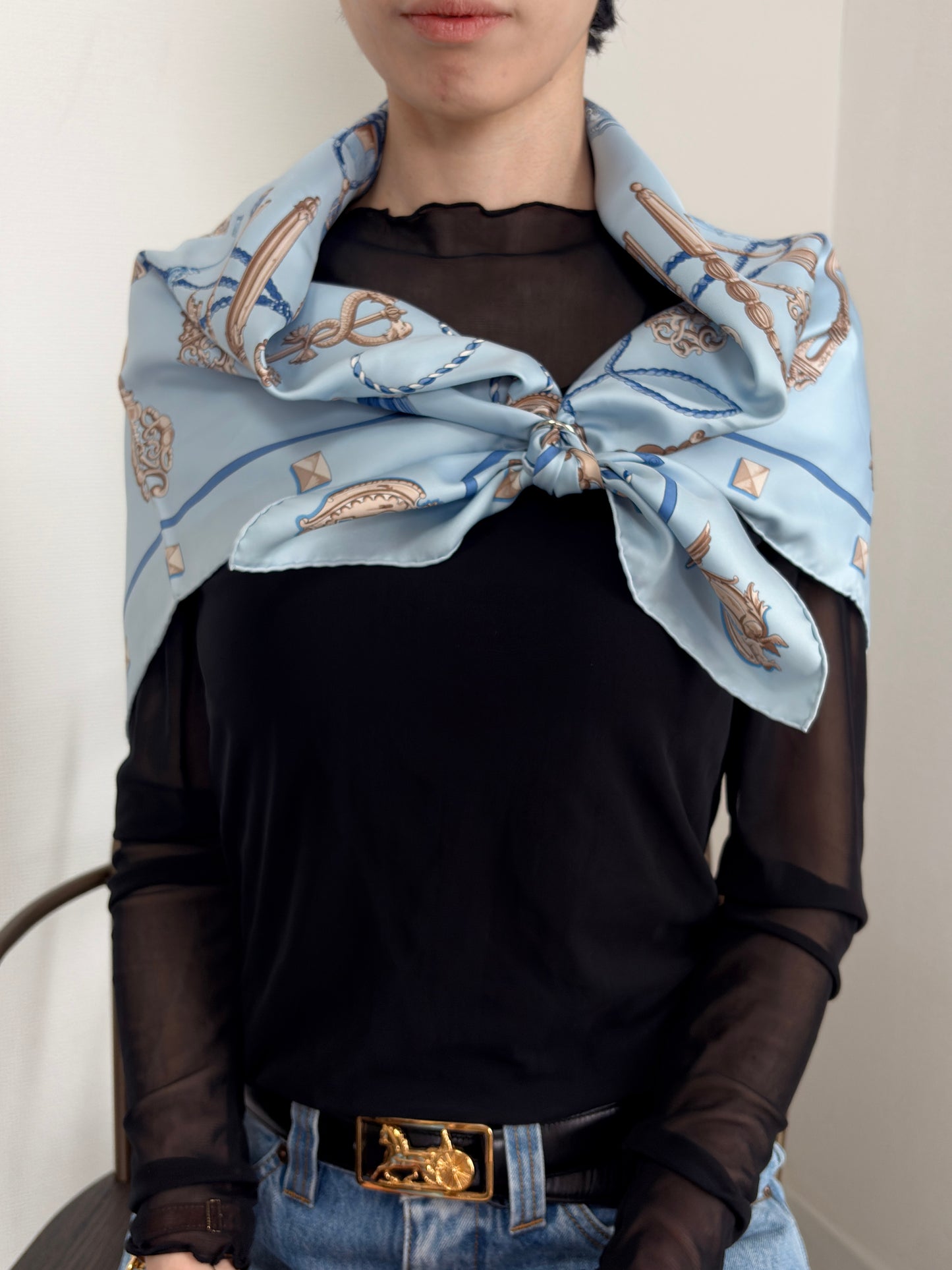 HERMES Silk Scarf Light Blue Les Cles Vintage xebh48