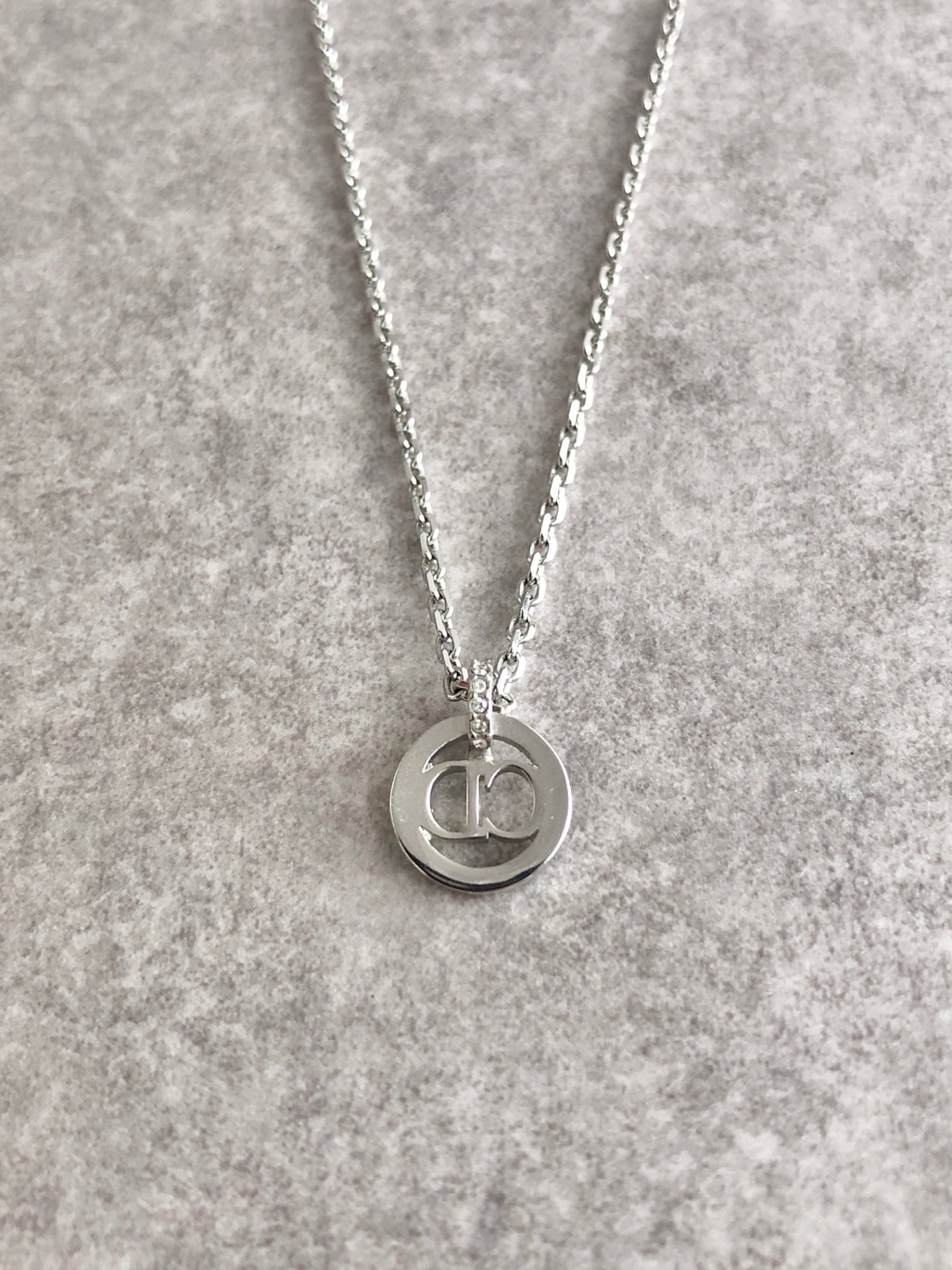 Christian Dior CD Logo Rhinestone Necklace Silver Vintage m3in4a