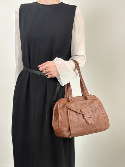 PRADA Triangle Logo Front Buckle Handbag Boston bag Brown Vintage v46bhc