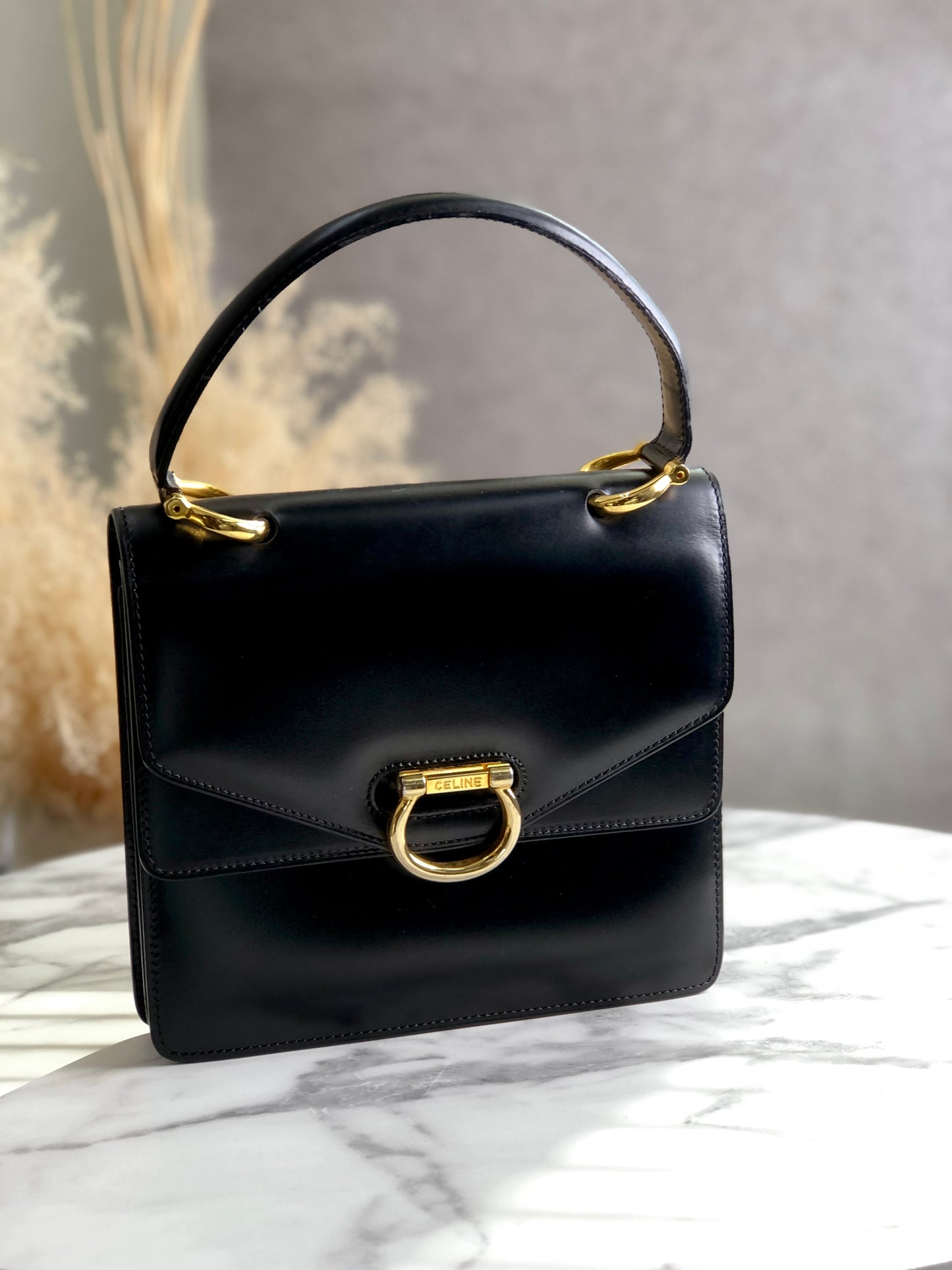 CELINE Horse Bit Double Flap Handbag Black Vintage eysscs