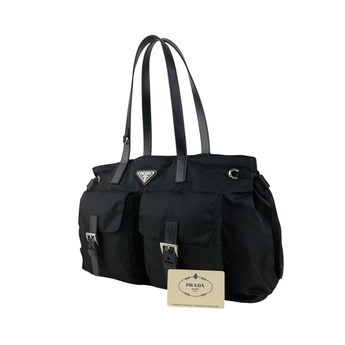 PRADA Tessuto Triangle logo Double Pocket Totebag Black Vintage xrhmgf