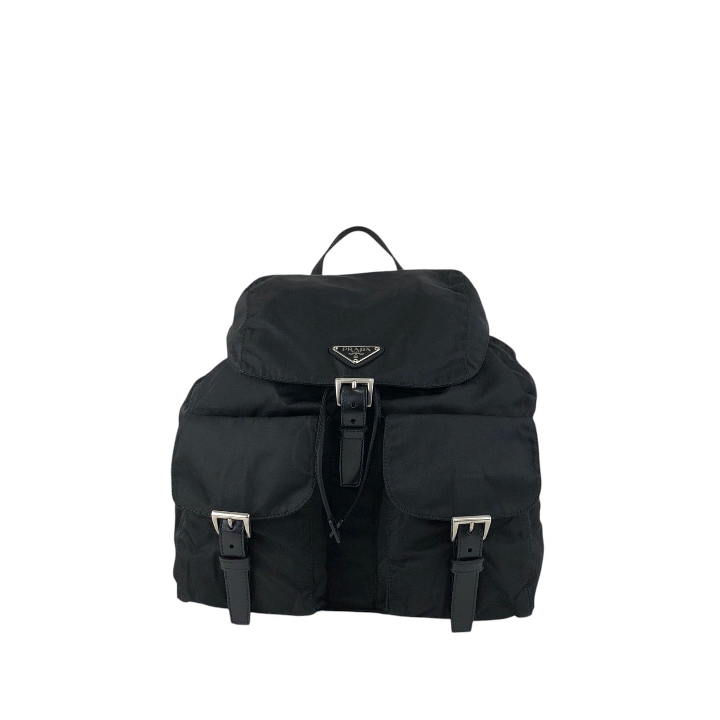 PRADA Tessuto Triangle Logo Front Buckle Double Pocket Backpack Black Vintage 5kjjr2