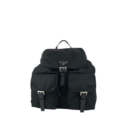 PRADA Tessuto Triangle Logo Front Buckle Double Pocket Backpack Black Vintage 5kjjr2