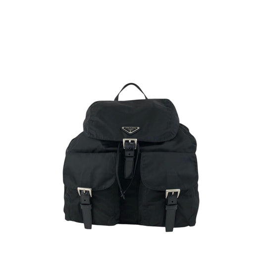 PRADA Tessuto Triangle Logo Front Buckle Double Pocket Backpack Black Vintage 5kjjr2