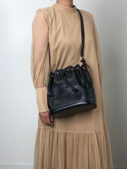 Yves Saint Laurent YSL Logo Stitch Drawstring Shoulder bag Black Vintage 2my7rj