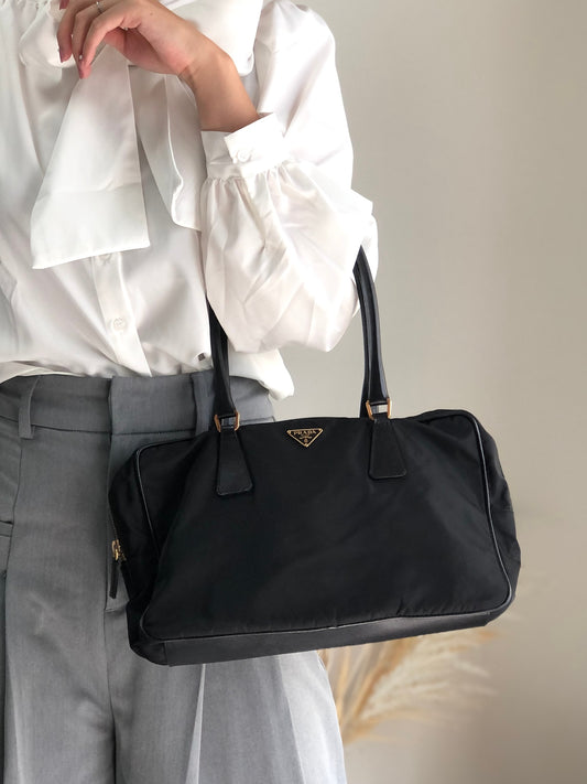 PRADA Tessuto Triangle Logo Small Boston bag Handbag Black Vintage jgrnxc